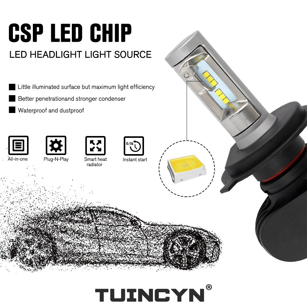 Tuincyn, lampadine a LED H4, 50 W, 8000 lumen, estremamente luminose, kit di conversione chip CSP per luce diurna bianco 6500 K (confezione da 2)