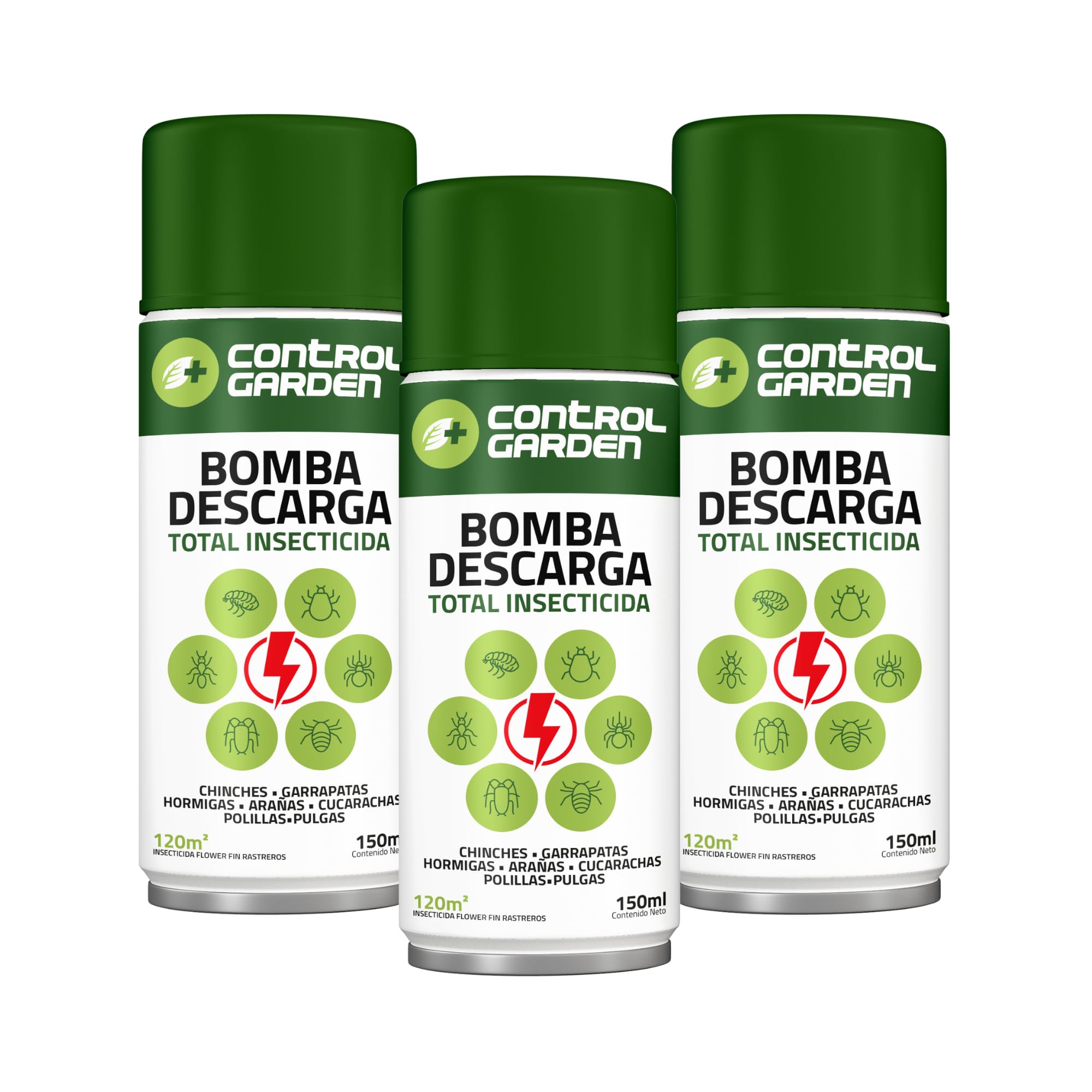CONTROL GARDEN Pack 3 Insecticida Descarga Total 150 ML Interior y Exterior | Repelente Anti Insectos: Chinches, Ácaros, Hormigas, Arañas... | Fungicida Larvicida Ovicida Bomba de Humo Espacios 120 m2