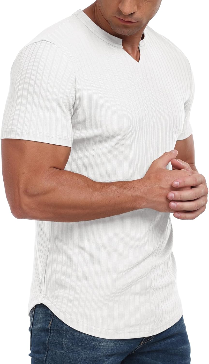 Askdeer Mens Short Sleeve Muscle T Shirt Slim Fit V-Neck Casual Shirt Gym Workout Athletic Tee - Image 3