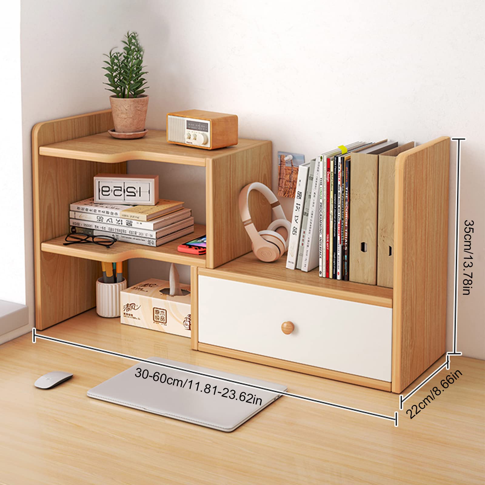 Undres Bücherregal, Desk Organizer, Schreibtisch Regal, Desktop-Bücherregal aus Holz, Hergestellt aus Hochwertiger MDF-Platte, für Schlafzimmer, Büro, Arbeitszimmer (Holzfarbe, Mit Schublade)