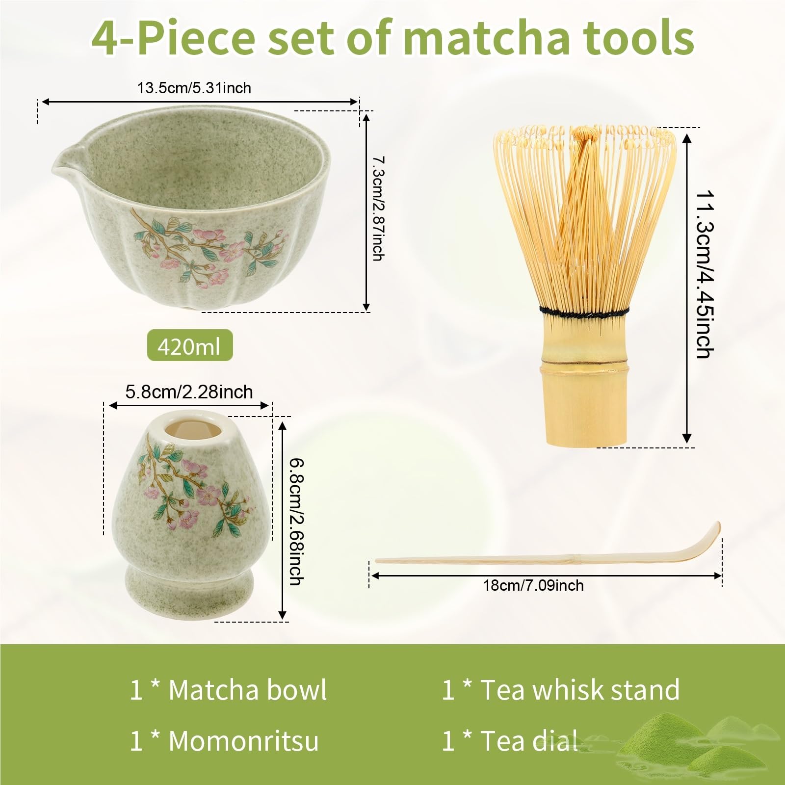 Ensemble Matcha Ensemble de 4 fouets à Matcha, élégant Ensemble Tasses thé avec Support for Fouet, Bol en céramique, ustensile Cuisine for Les Amateurs(Green)