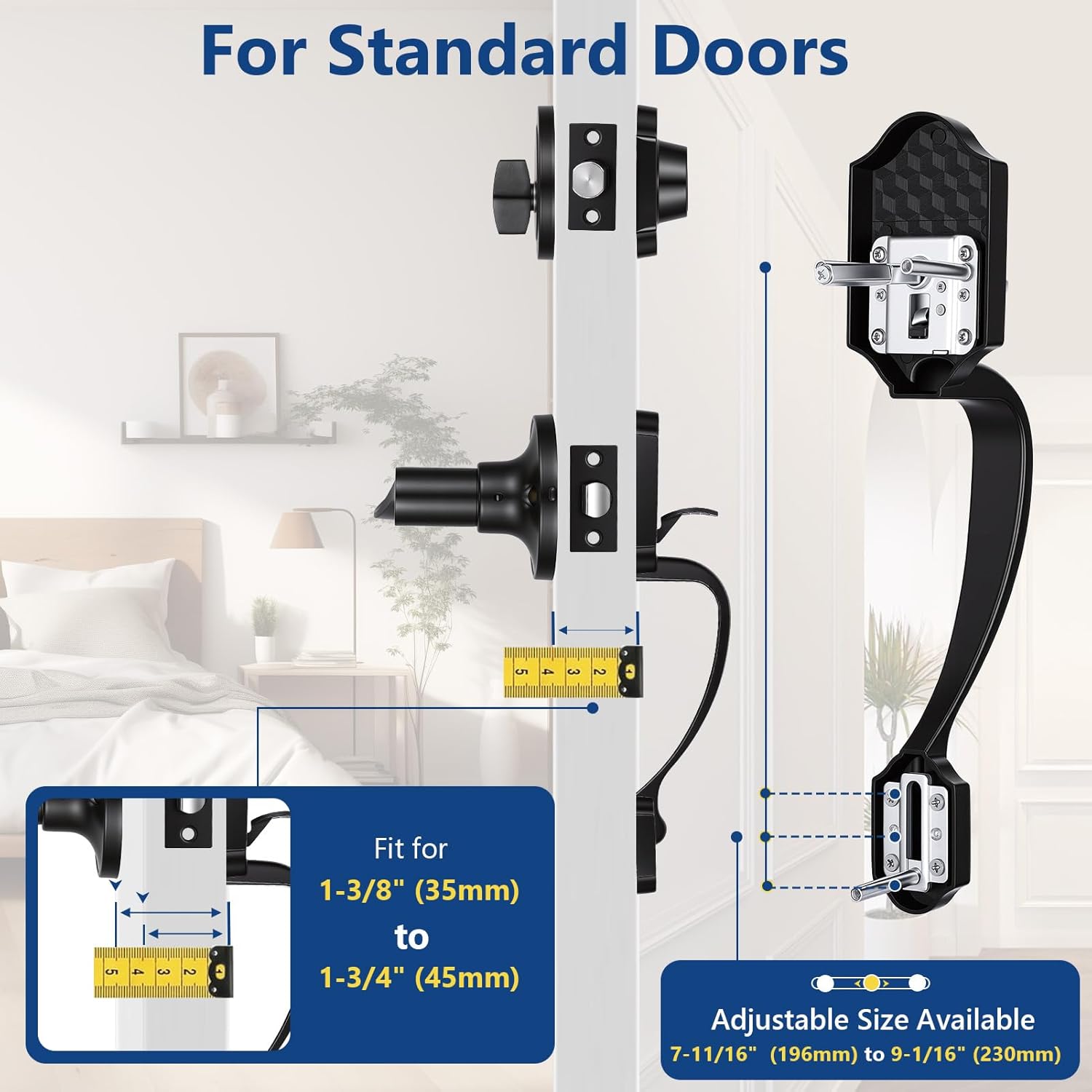 Front Door Lock and Handle Set, Front Door Pull Handle with Key, Deadbolt Lock and Handleset for Bedroom Bathroom Interior Door, Fits 35-45mm (1-3/8" to 1-3/4") Doors (Black)