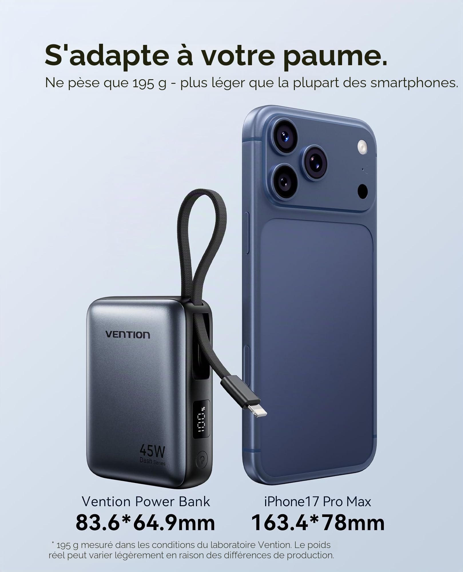 VENTION Mini 45W Batterie Externe, 10000mAh Câbles USB-C & Lightning Intégrés Power Bank, Portable Charge 3 Ports pour MacBook, iPhone 12-15 16 17 Pro Max, iPad, airpods, Galaxy S25 S24, LED