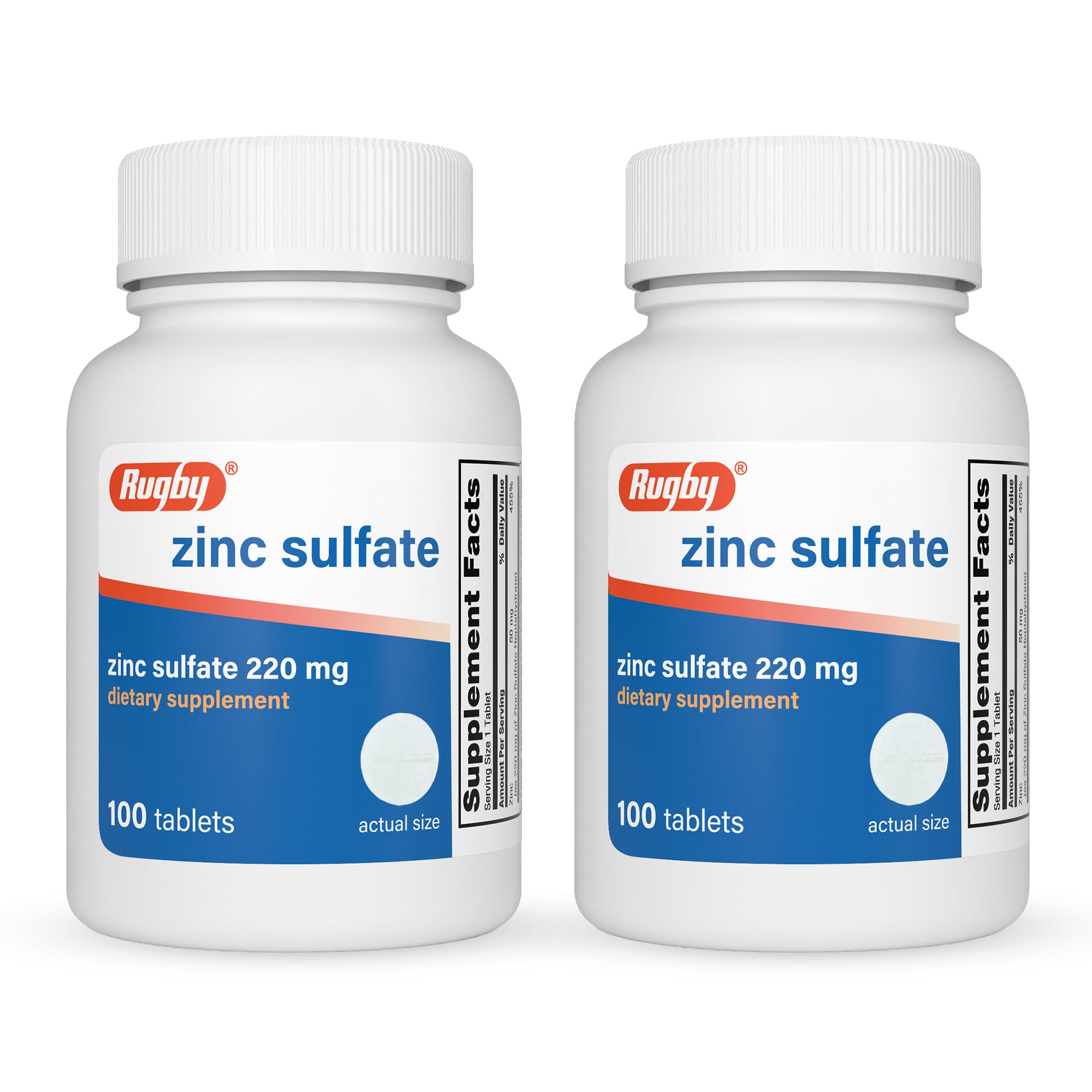 Rugby Zinc Sulfate 220 mg Tablets - Made with Zinc Sulfate Heptahydrate - Dietary Supplement - 100 Count (2 Pack) 100 Count (Pack of 2)