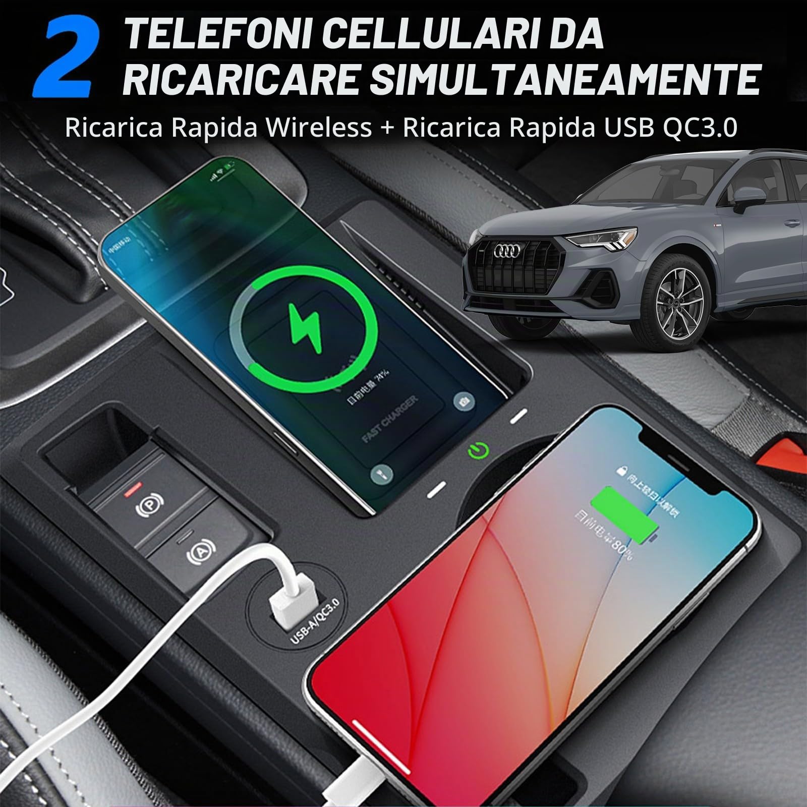 Caricabatteria da auto senza fili per Audi Q3/Sportback/RS 2019-2023, caricabatterie per telefono a ricarica rapida per accessori console centrale - Regalo per iPhone Galaxy