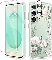Vista 82 de GVIEWIN Funda protectora para Samsung Galaxy S25, transparente floral, delgada, a prueba de golpes, para mujer, no se pone amarilla, con protector