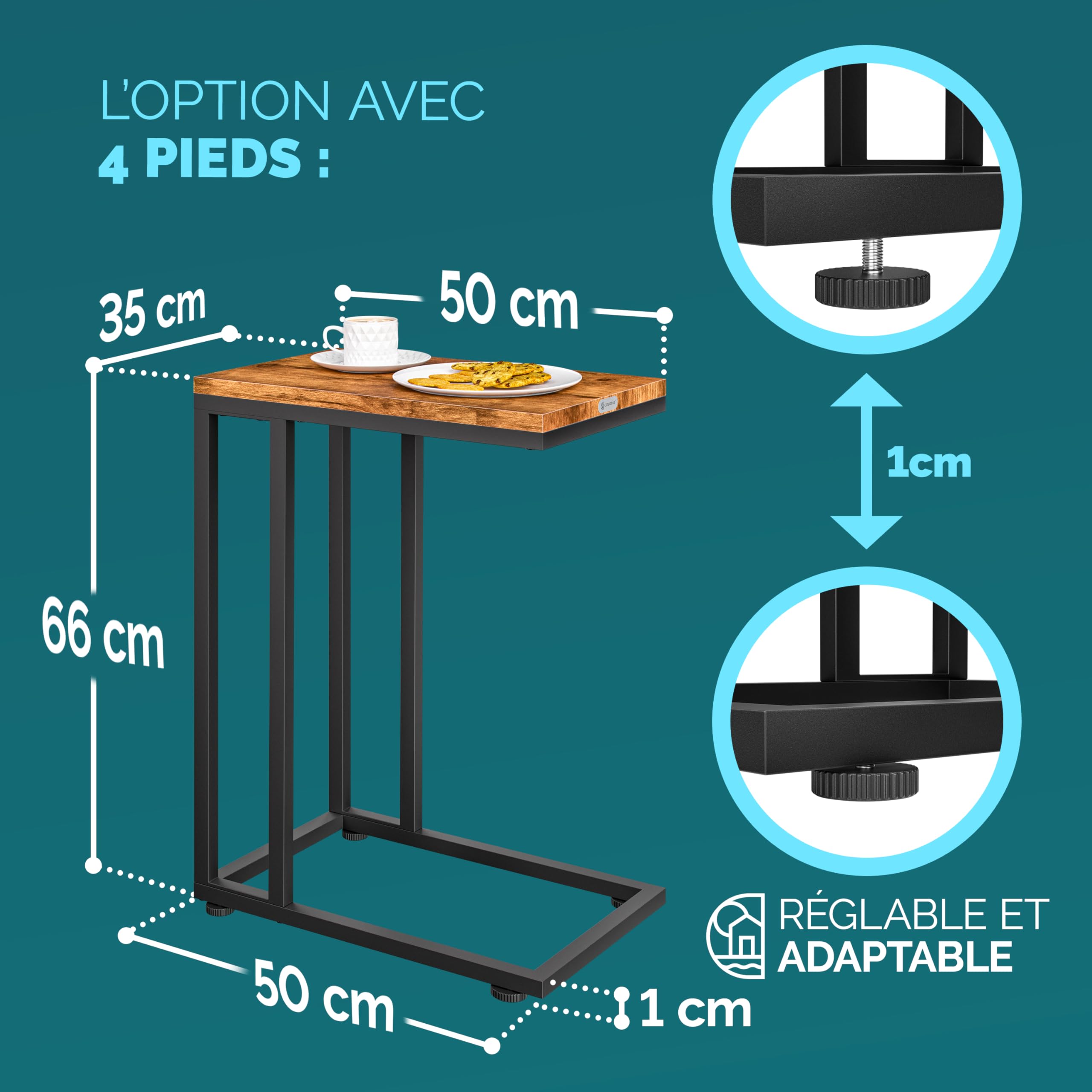 Casaria® Table d'appoint Bout de canapé avec roulettes Cadre en métal Noir Desserte de lit Support Ordinateur Portable pour Salon Bureau Chambre
