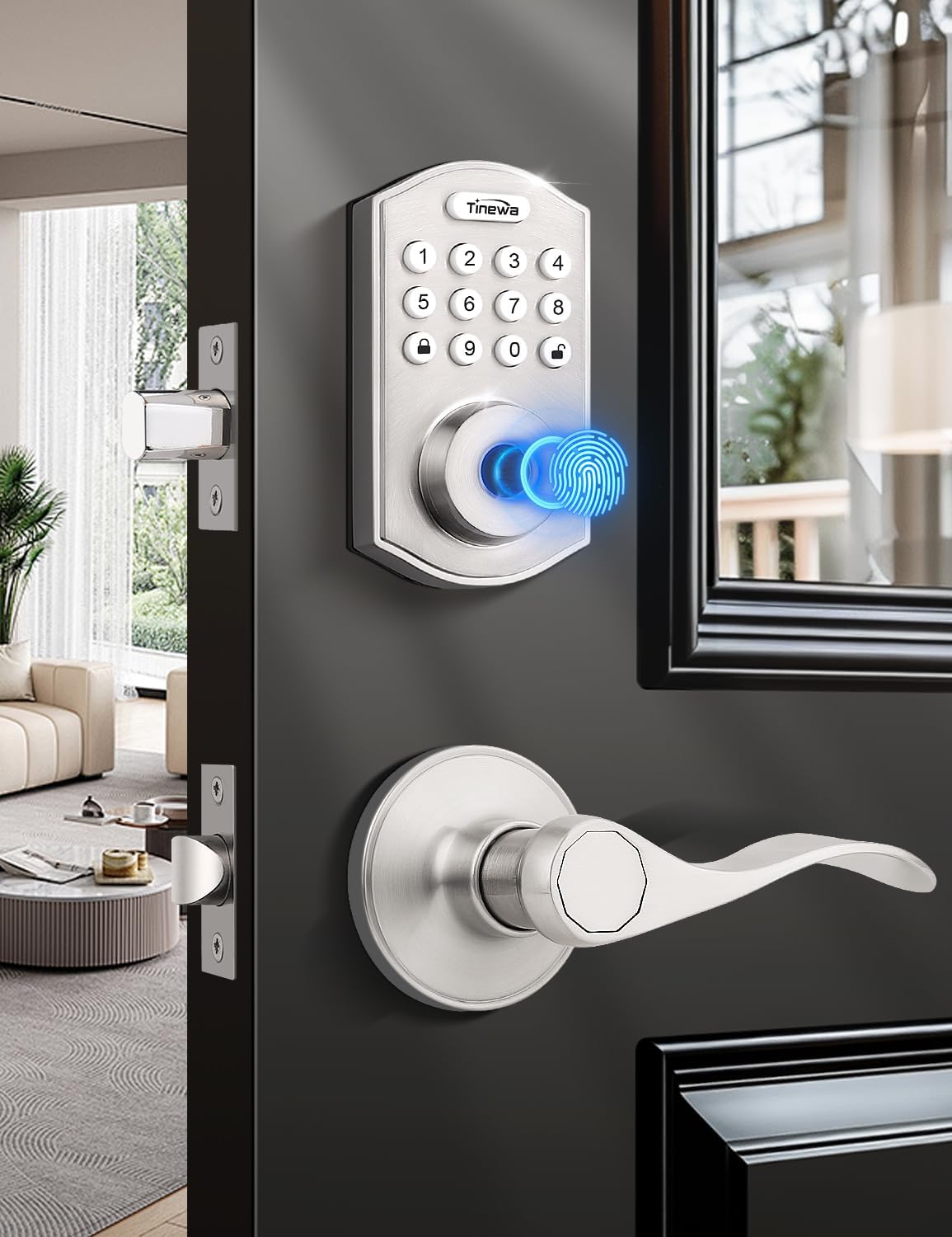 Smart Locks for Front Door - Satin Nickel Keyless Entry Door Lock with Wave Lever Handle, Electronic Digital Keypad Deadbolt with Fingerprint, APP Control, Easy Installation, Home Security