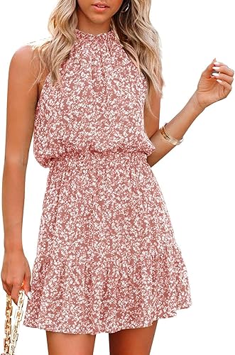 Miniatura 2 de Women 2023 Summer Halter Neck Dress Sleeveless Casual Floral Polka Dot High Waisted Boho Short Flowy Ruffle Sundress