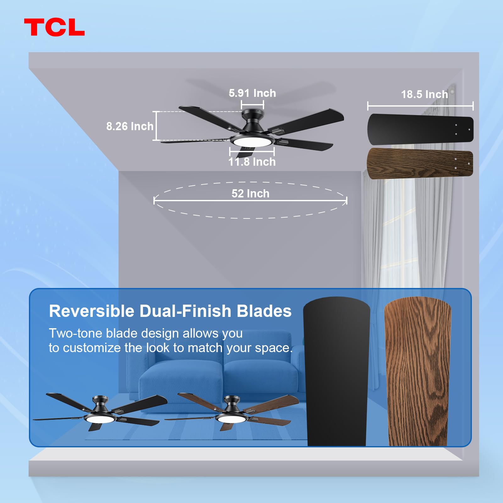 TCL Ceiling Fans with Lights 52 Inch Low Profile Ceiling Fan with Light and Remote Control Flush Mount — view 7