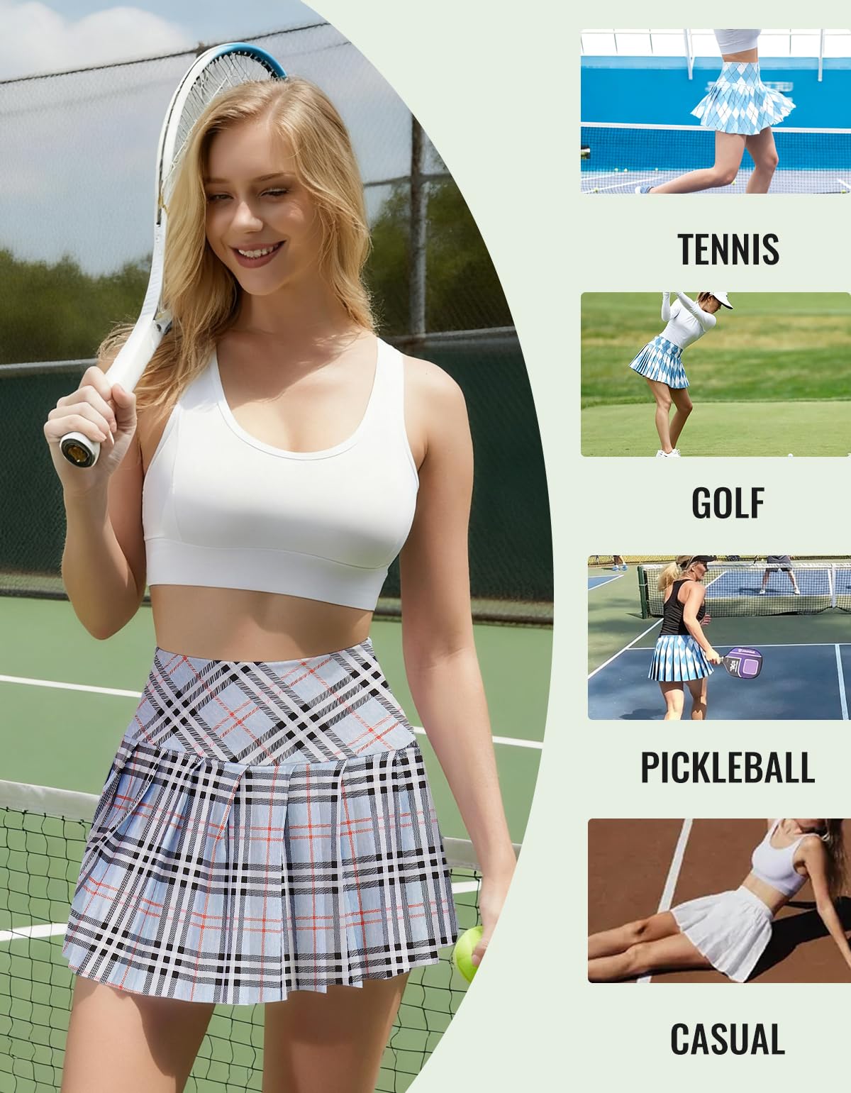 SANGTREE Faldas de tenis para mujer, a cuadros, plisadas, atléticas, con bolsillos para pantalones cortos, talla XS a XL de EE. UU