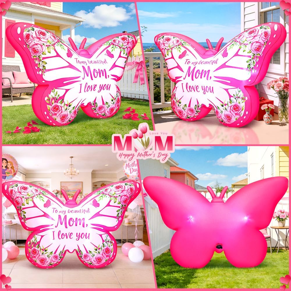 KOOY 5FT Mothers Day Inflatables Butterfly Outdoor Decorations, Built in LED Lights Mothers Day Outdoor Decorations, Blow Up Yard Decoration for Mother's Day Party, Outdoor, Garden, Yard Lawn Decor
