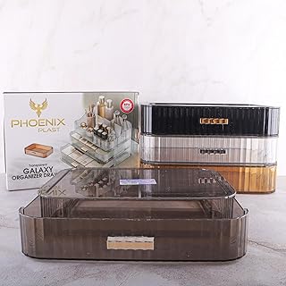 منظم مكياج أكريليك مع أدراج قابلة للتكديس، منظمات زينة حمام وتخزين، منتج مثالي لسطح المكتب ودولاب الملابس، رائع لمستحضرات التجميل والعناية بالبشرة وأحمر الشفاه (أسود شفاف، صينية + درج واحد)