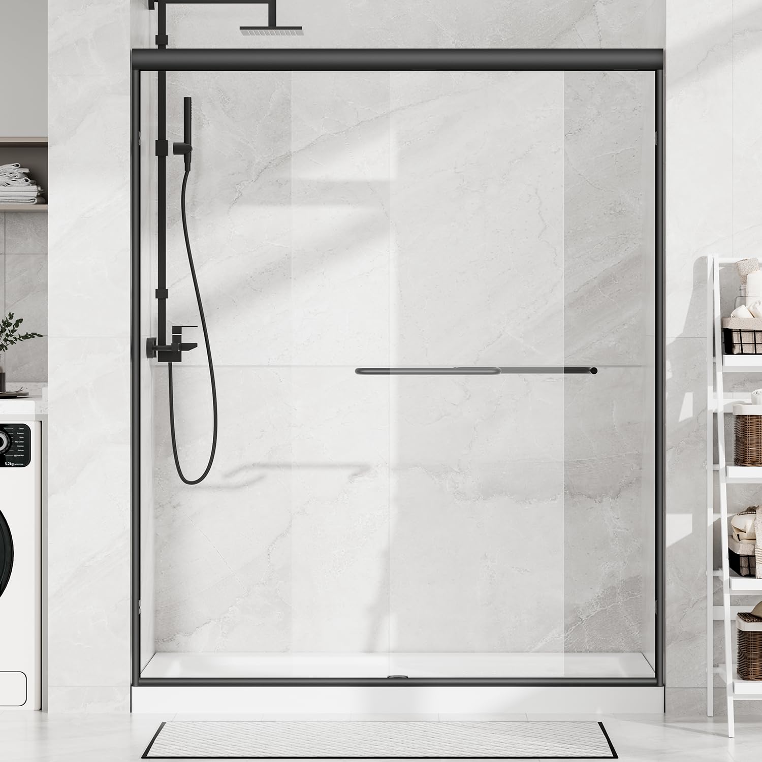 shower door 57-60" w x 72" h, semi-frameless double sliding bypass design, shower glass door with 1/4" clear tempered glass and aluminum frame, adjustable for walk-in bathroom, black