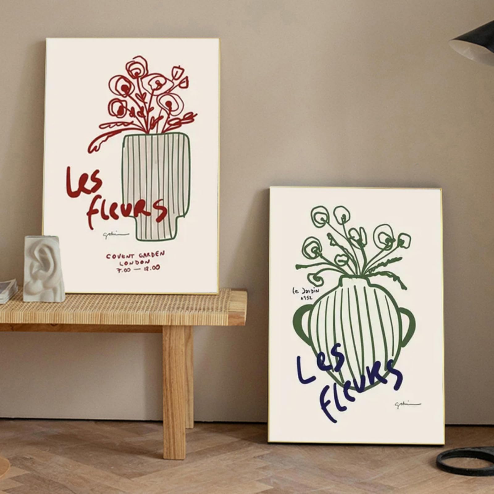 ZBELLO French Minimal Floral Line Wall Art Set of 2, Vintage Les Fleurs Sketch Vase Botanical Posters, Neutral Wall Decor for Cottage Apartment, Unframed (21x30cm)