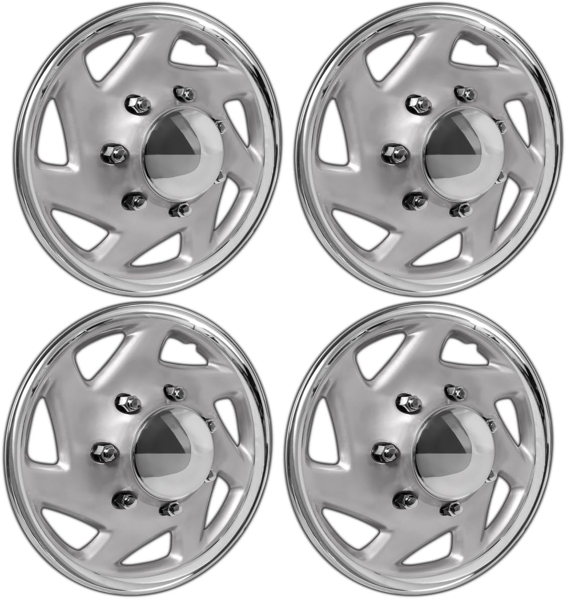 OxGord 16 inch Silver-Chrome Ring Snap-On Hubcaps Compatible with Select Ford Econoline, Super Duty, Excursion –Trucks, Van, Club Wagon