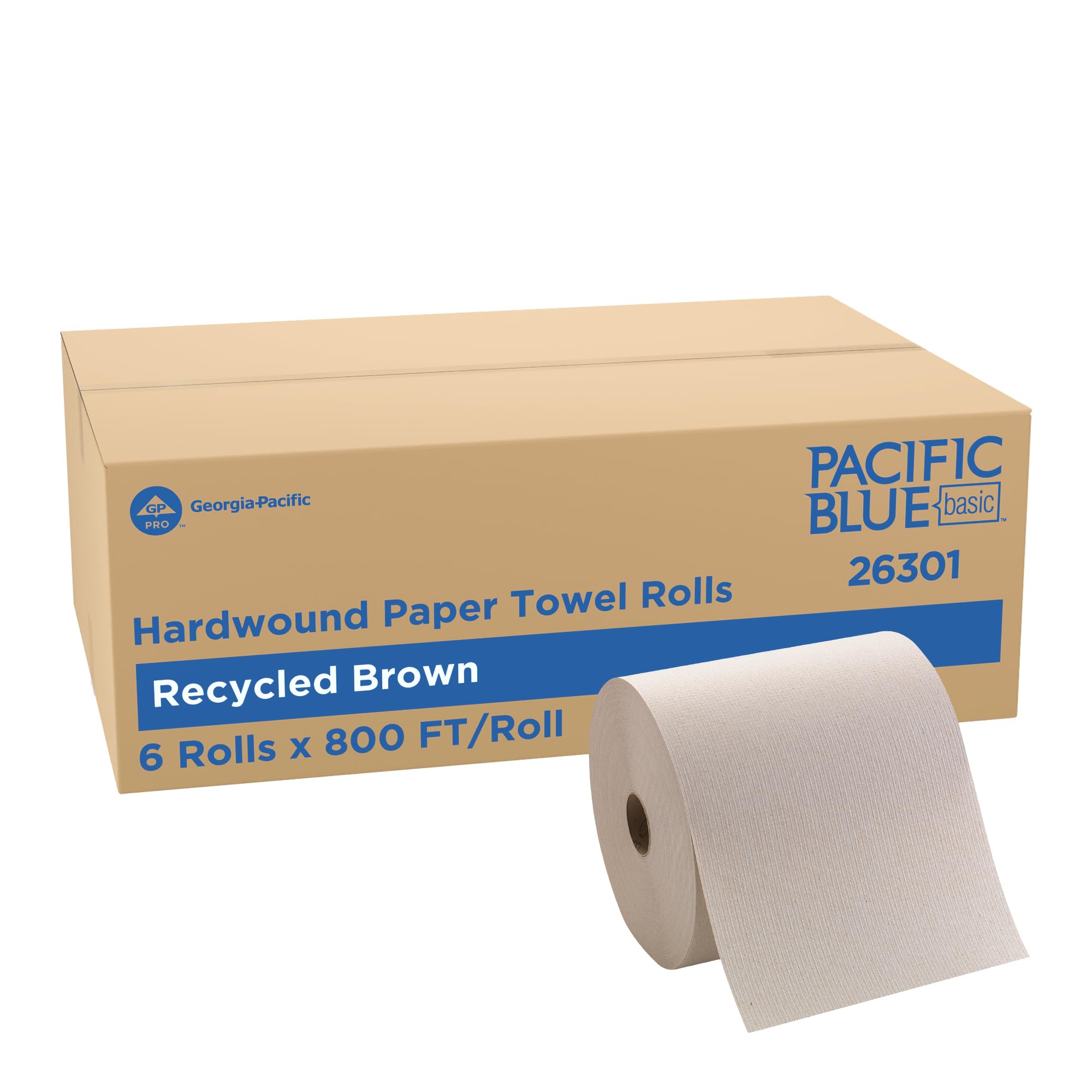 GP PRO (Georgia-Pacific) Pacific Blue Basic - Rollos de toallas de papel reciclado Hardwound (Georgia-Pacific), marrón, 26301, 800 pies por rollo, 6 rollos por caja