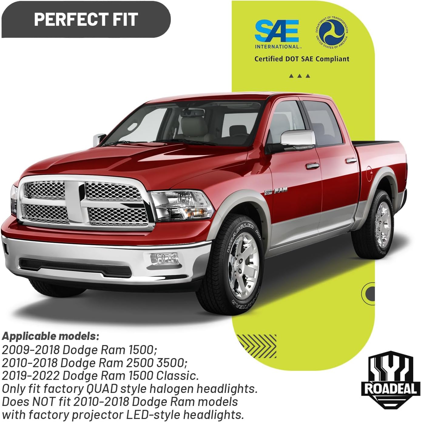 Headlights for 2009-2018 Dodge Ram 1500, for 2010-2018 Dodge Ram 2500 3500 with High/Low beam Bulbs, Driver & Passenger Side(ONLY fit Quad-Hole Single Headlight)
