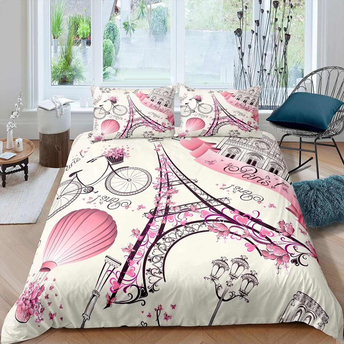 PTNQAZ Pink Eiffel Tower Bedding Set Paris Fashoin 3D Printed Queen King Size Duvet Cover Set With Pillowcases Girls Bed Covers Bedclothes Bedroom (King,2)