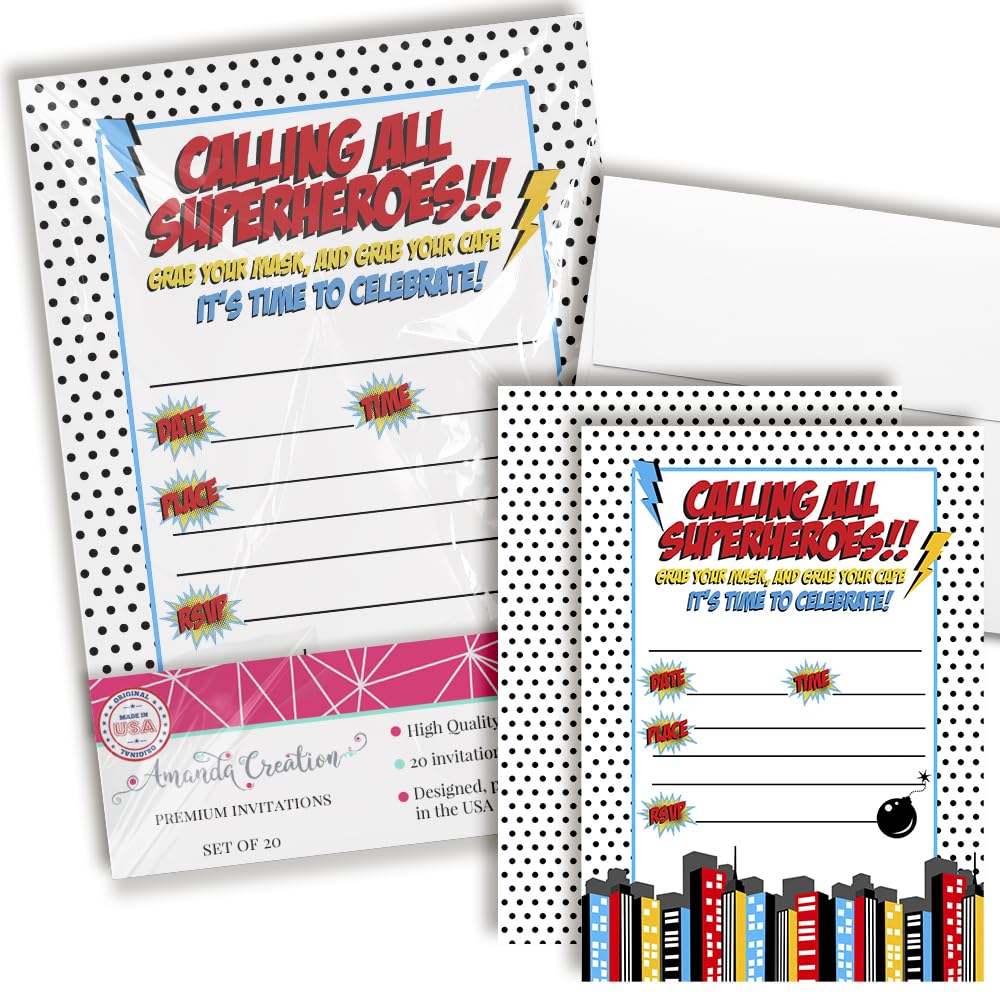 Super Hero Boy Birthday Party Invitations, 20 5x7 Fill In Cards with Twenty White Envelopes by AmandaCreation