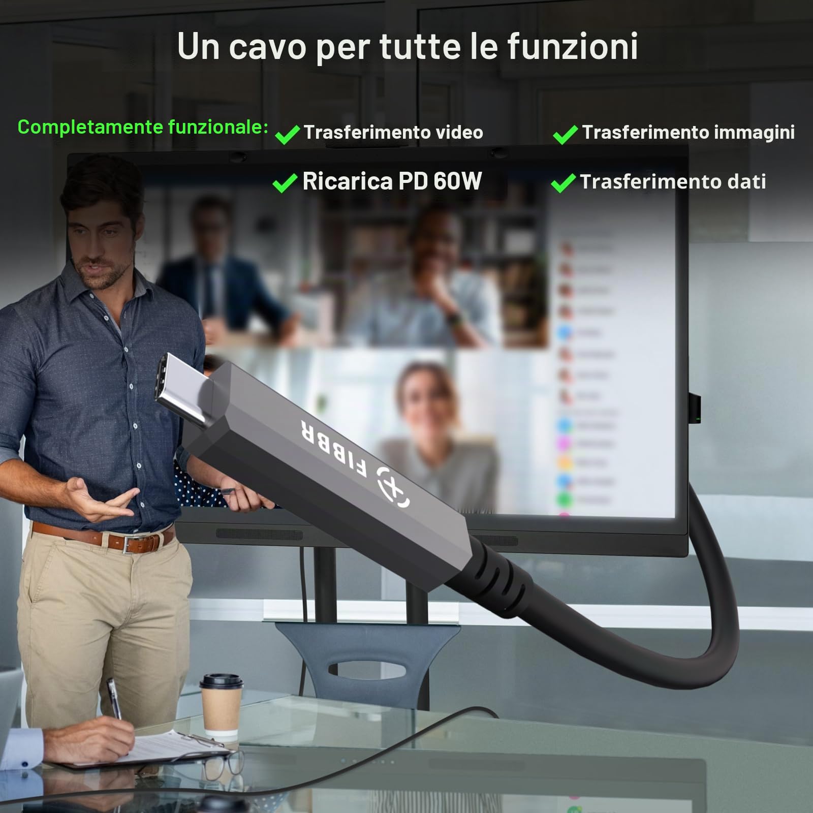 FIBBR 3 in 1 Funzione USB Cavo 10M, 10Gbps Fibra USB C a Cavo USB C, 8K USB 3.2 Gen2 Cavi, 60W PD per Home Video, Cablaggio di Sorveglianza, Sistema di Visione Automatica, Videoconferenza HD