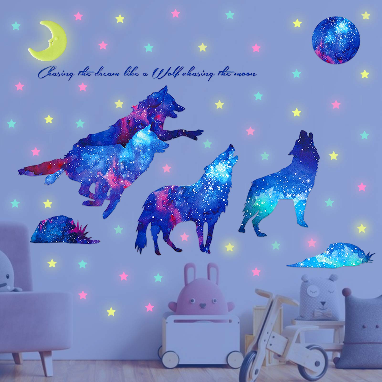 AUHOKY Creative Starry Sky Wolf Wall Decal, Glow in The Dark Moon& Stars Wall Stickers, Removable Galaxy Wolf Adhesive Mural Wallpaper for Kids Teen Bedroom Nursery
