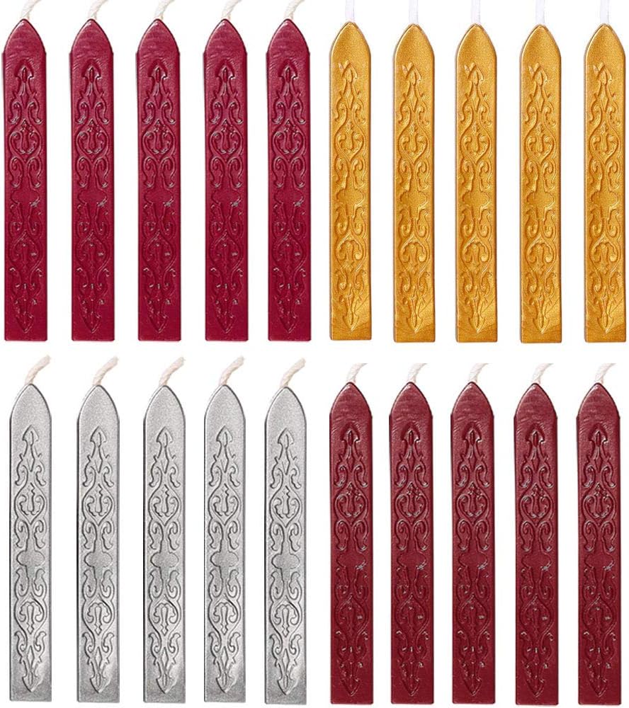 Yuccer 20 Pieces Sealing Wax with Wicks Antique Wax Seal Sticks for Letters Greeting Card Wedding Invitation Seal Wax Stamp Seal Kit Accessories (Brown red + Royal Gold + Crimson + Silver)