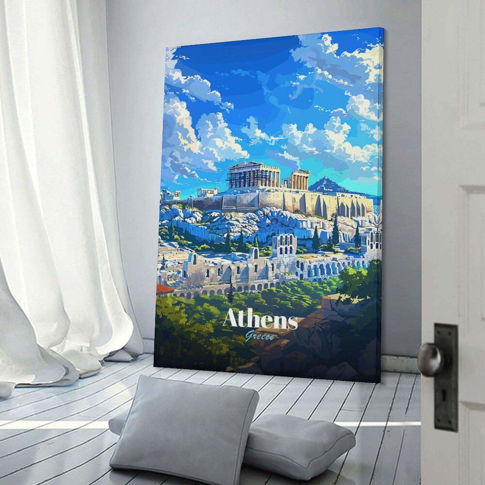 Junmoney Athens, Greece Illustrated Cityscape Home Decor Wall Art 24x36inch(60x90cm), for Office, Study Or Home Workspace, Home Office Artwork with Decorative Appeal