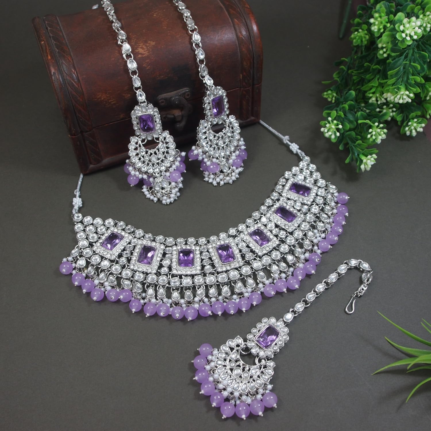 I Jewels Silver Plated Indian Wedding Bollywood Kundan & Pearl Bridal Choker Necklace Jewellery Set with Earrings & Maang Tikka For Women