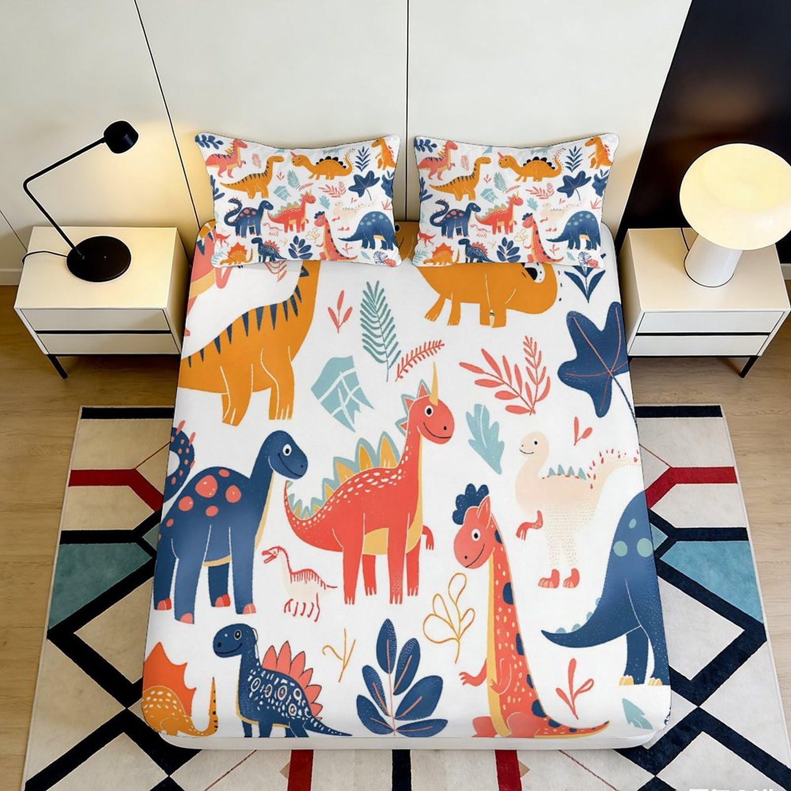 3D Printed Cartoon Dinosaur Fitted Sheet Microfiber Colourful Animal Pattern Mattress Cover for Bedroom Guestroom Home Decor 90x200x25cm
