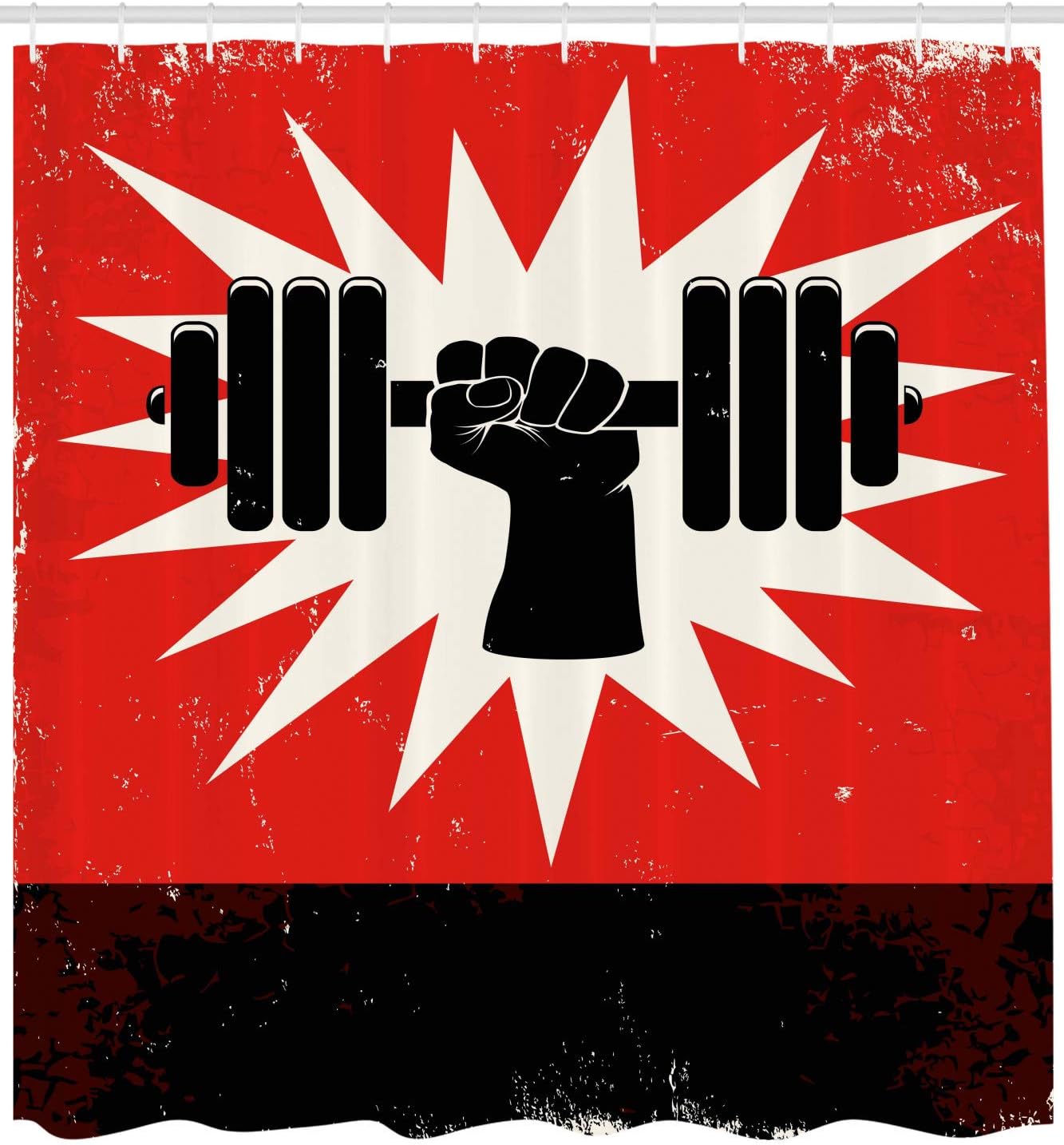 Ambesonne Fitness Shower Curtain, Grunge Display of Hand Lifting Dumbbell Effect Workout Vintage Design, Cloth Fabric Bathroom Decor Set with Hooks, 69" W x 84" L, Vermilion Black Cream