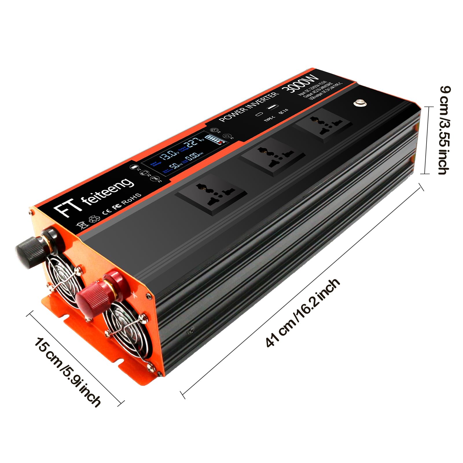 3000W Inverter di potenza da 3000W da 12V a 220V/230V CC a AC, con 2 prese AC, display LCD, telecomando wireless, porte di ricarica USB, adatto per auto, camper e esterni