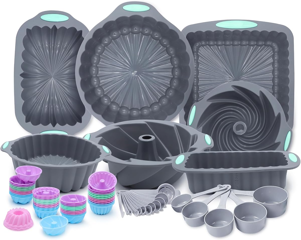 Tongjude 72 Pieces Silicone Bakeware Set, Nonstick Baking Pans Set, Easy Release Oven Silicone Pan for Kitchen with Cake Pans, Loaf Pans, Baking Cups, Measuring Cups and Spoons Set, Grey