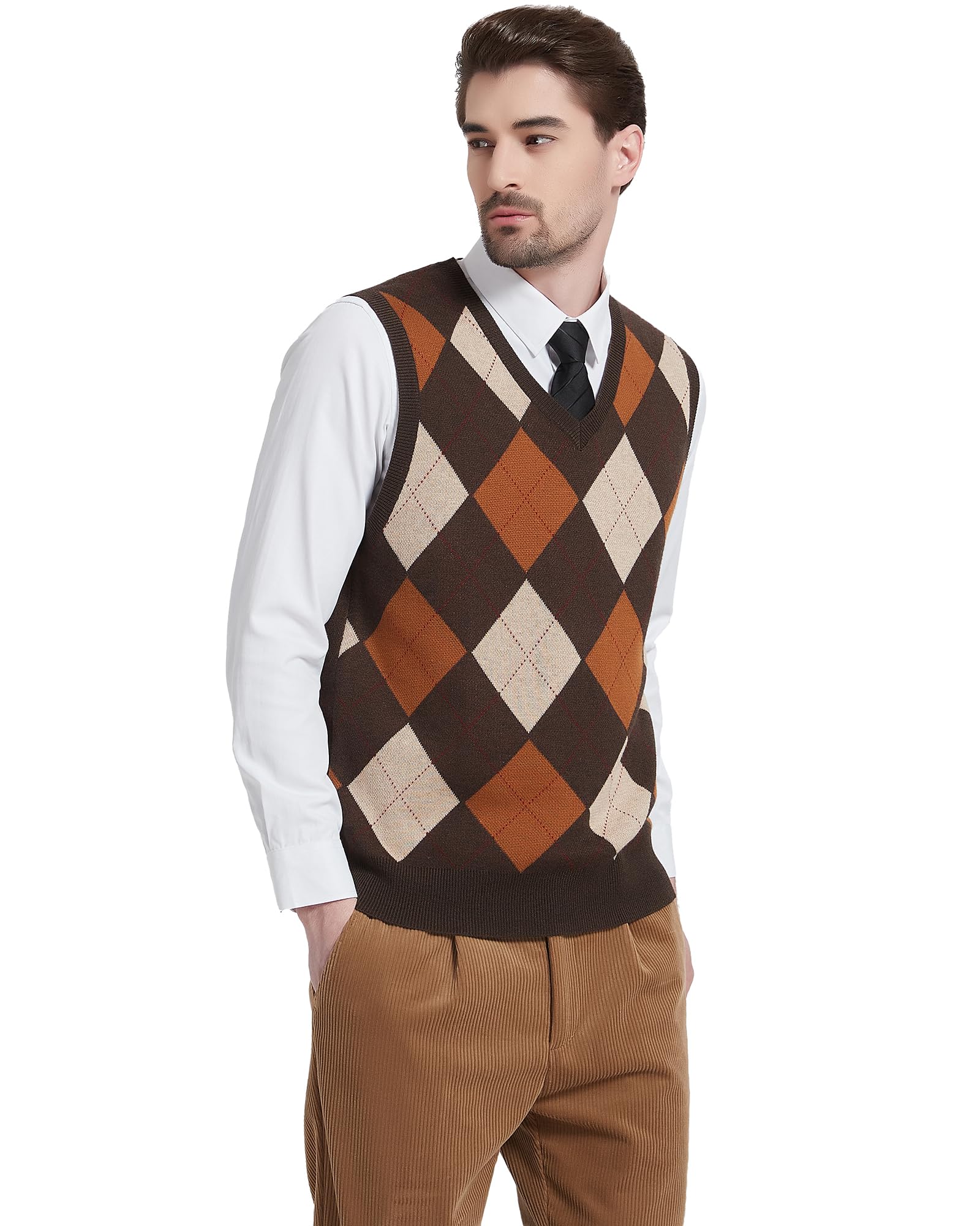 Kallspin Hommes Pull sans Manches Argyle Laine mélangée Gilets tricotés Pull à col en V Gilet Pullover