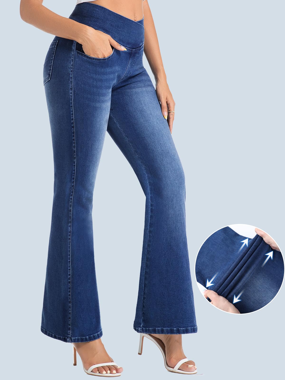 VX VONXURY Flare Jeans Femme Bootcut Élastique Pantalon Taille Haute Effet AmincissantStyle Patte d'Éléphant V-Waist sans Boutons