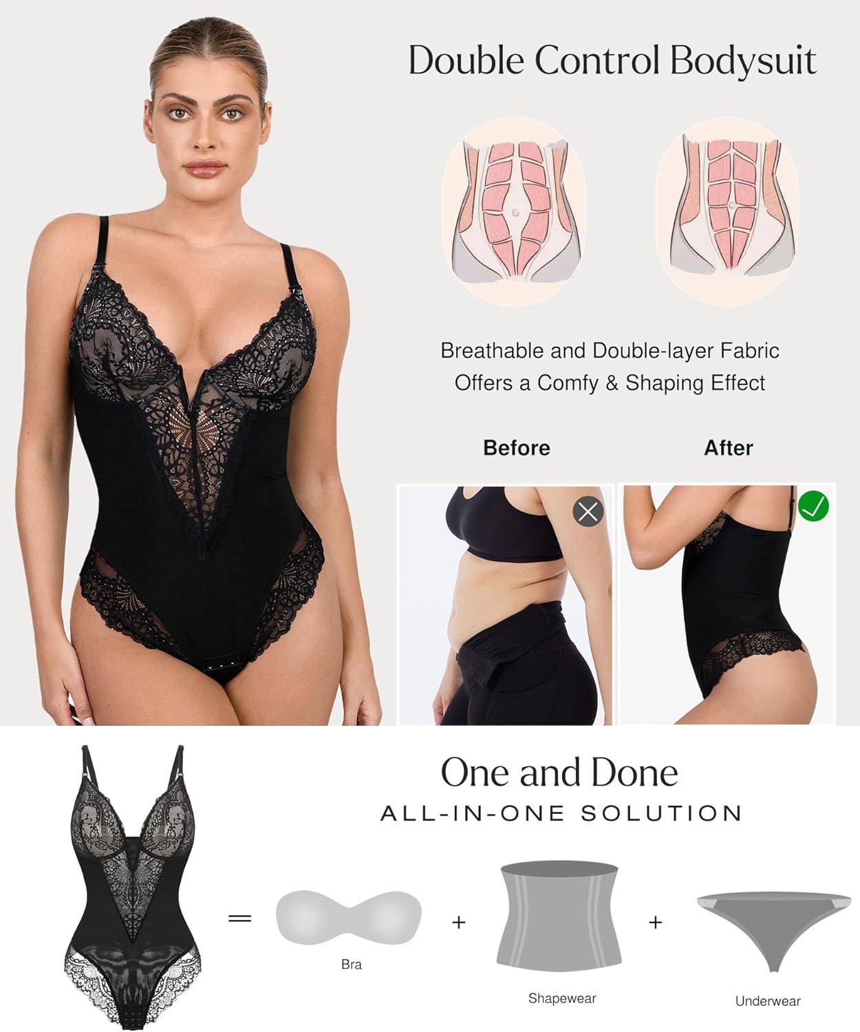 Popilush Shapewear Bodysuits for Women Lace Corset Tops Tummy Control V Neck Sleeveless Body Suit Thongs Black X-Large
