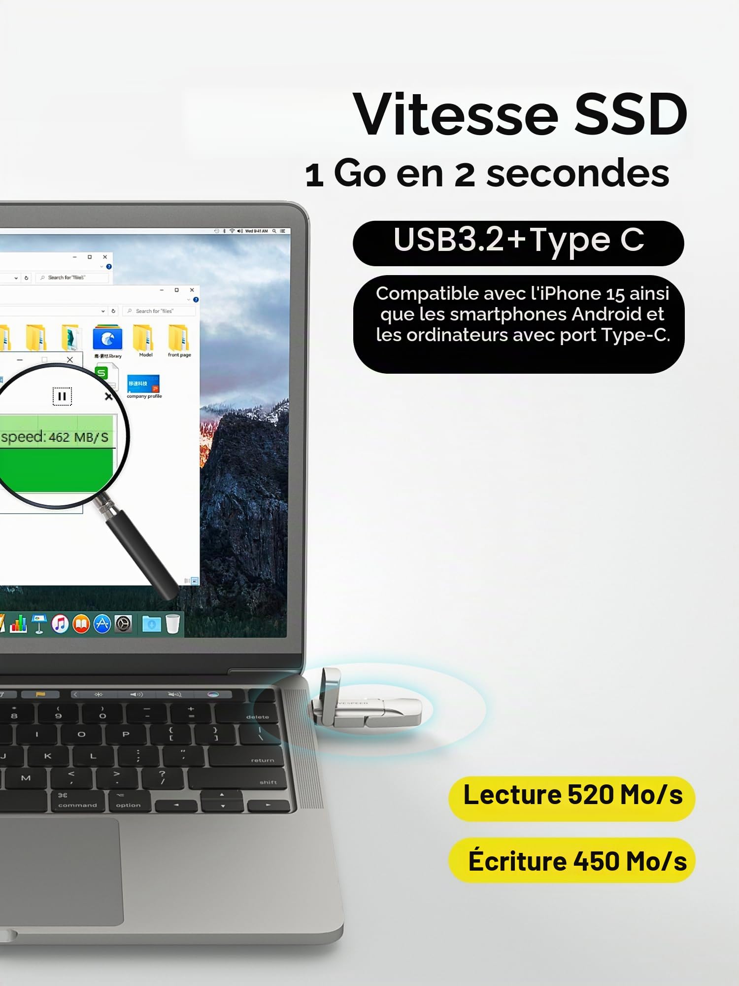 MOVE SPEED Cle USB 128 Go, USB 3.2 avec 520 Mo/s, Clé USB C 2ème Génération Disque Dur SSD Externe, avec Porte-clés et Pochette, Compatible iPhone 15/16, Android, MacBook, TV Audio