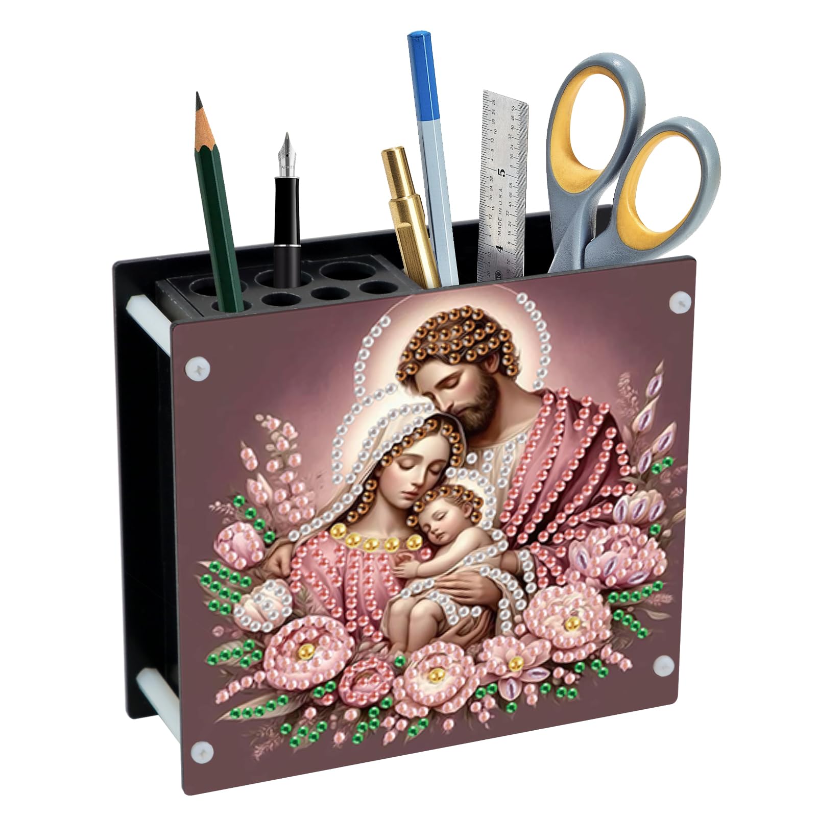 DIY 5D Diamond Painting Pen Holder, Religious Family Acrylic Pencil Organizer for Christian Faith Decor, Decorative Diamond Art Desk Storage for Home and Office Supplies