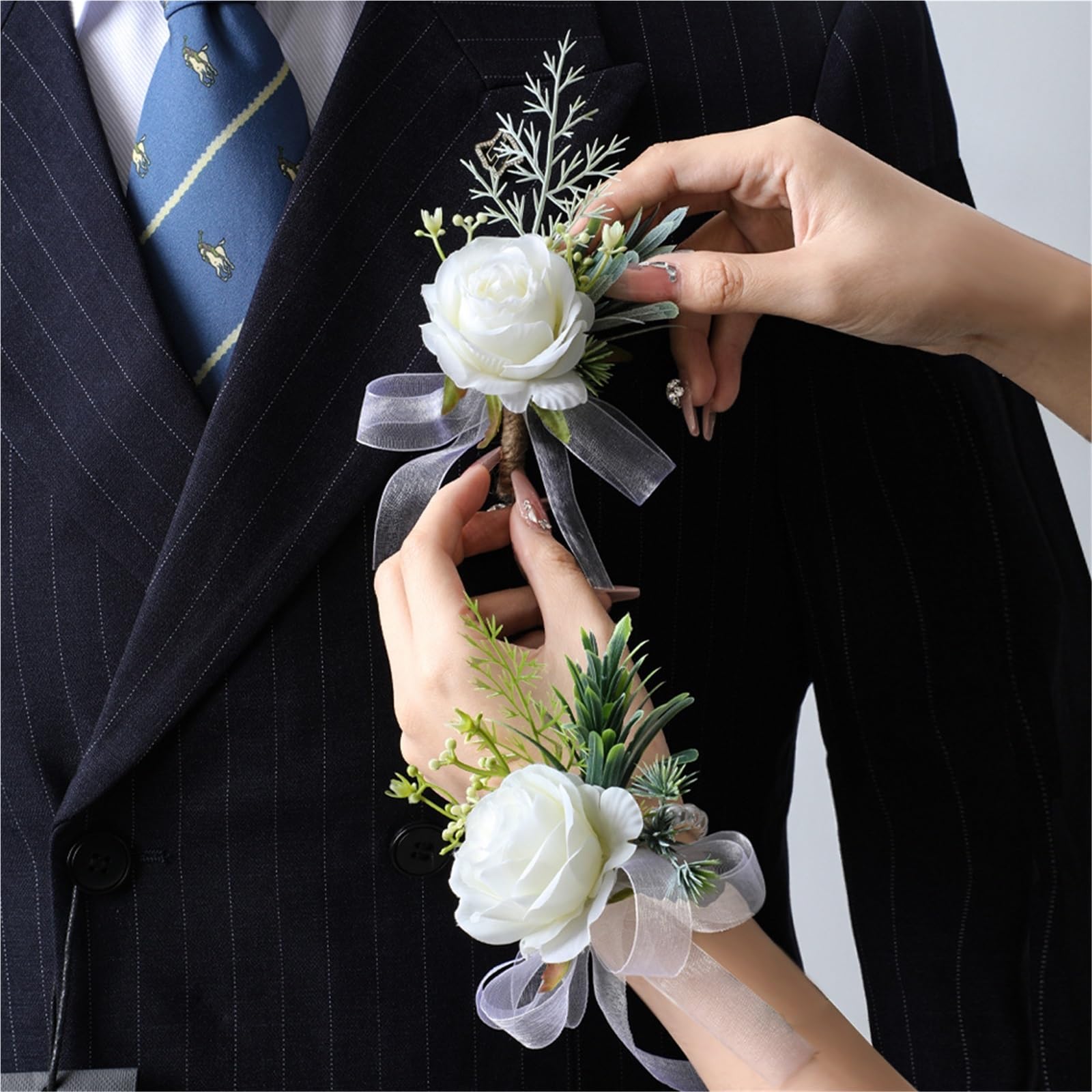 Fiore sul Petto di Nozze, Polso della Damigella d'Onore Sposa dello Sposo, Accessorio, Simulazione del Nastro Rosa, ghirlande(6pcs-Corsage)