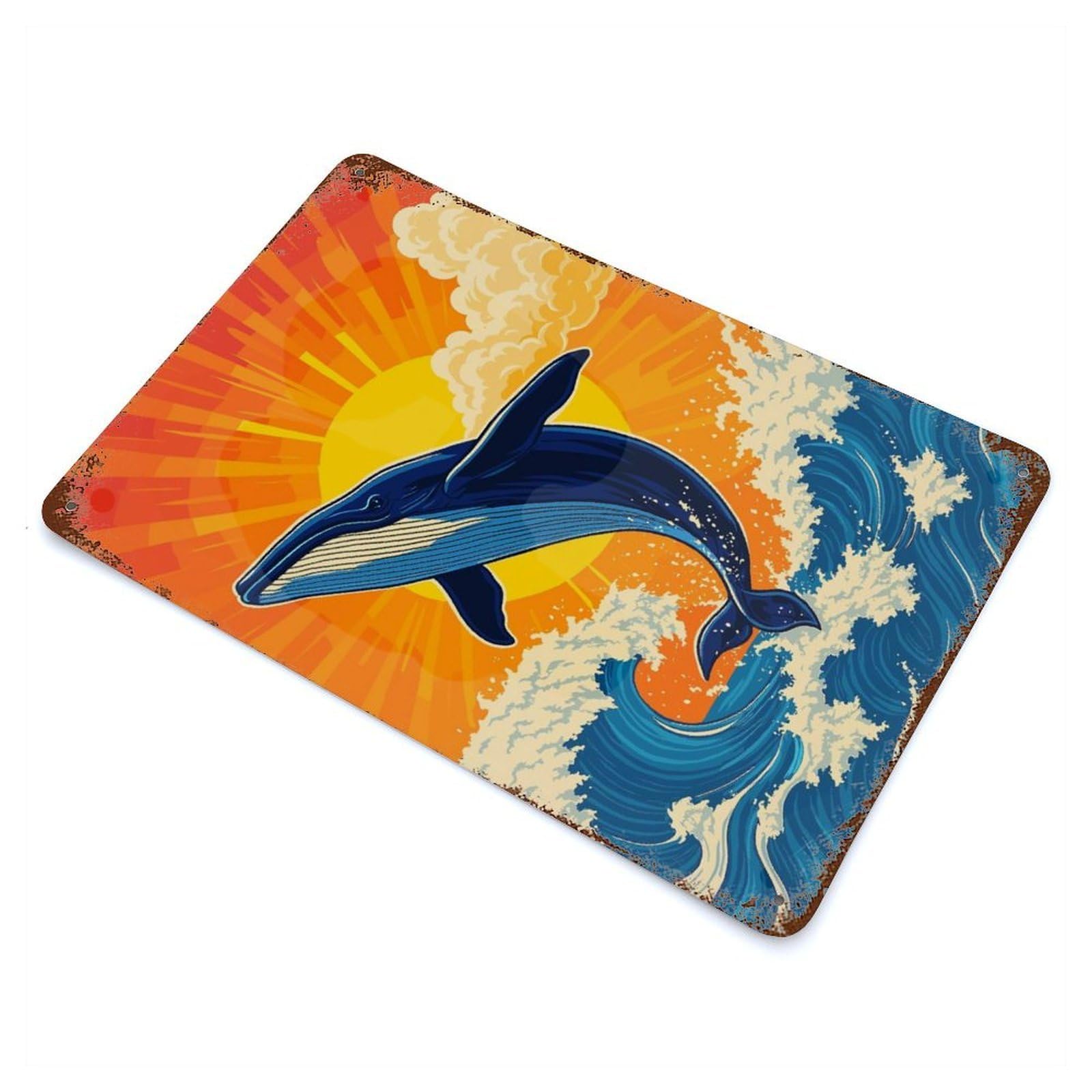 Rusty Metal Tin Sign with Whale Breaching Ocean Waves at Sunset Design 11.8"x7.9", for Farmhouse, Kitchen And Entryway Decor, Rustic Home Decor