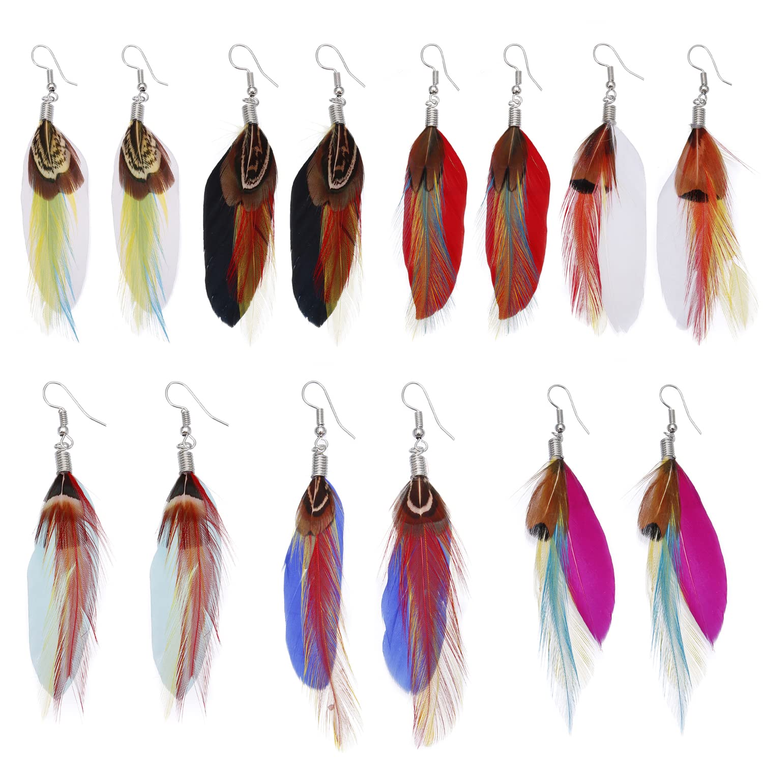 YINRIS 7 Pairs Women Boho Feather Earrings Colorful Faux Feather Statement Earrings Drop Dangle Earrings Set for Women(ea000073)