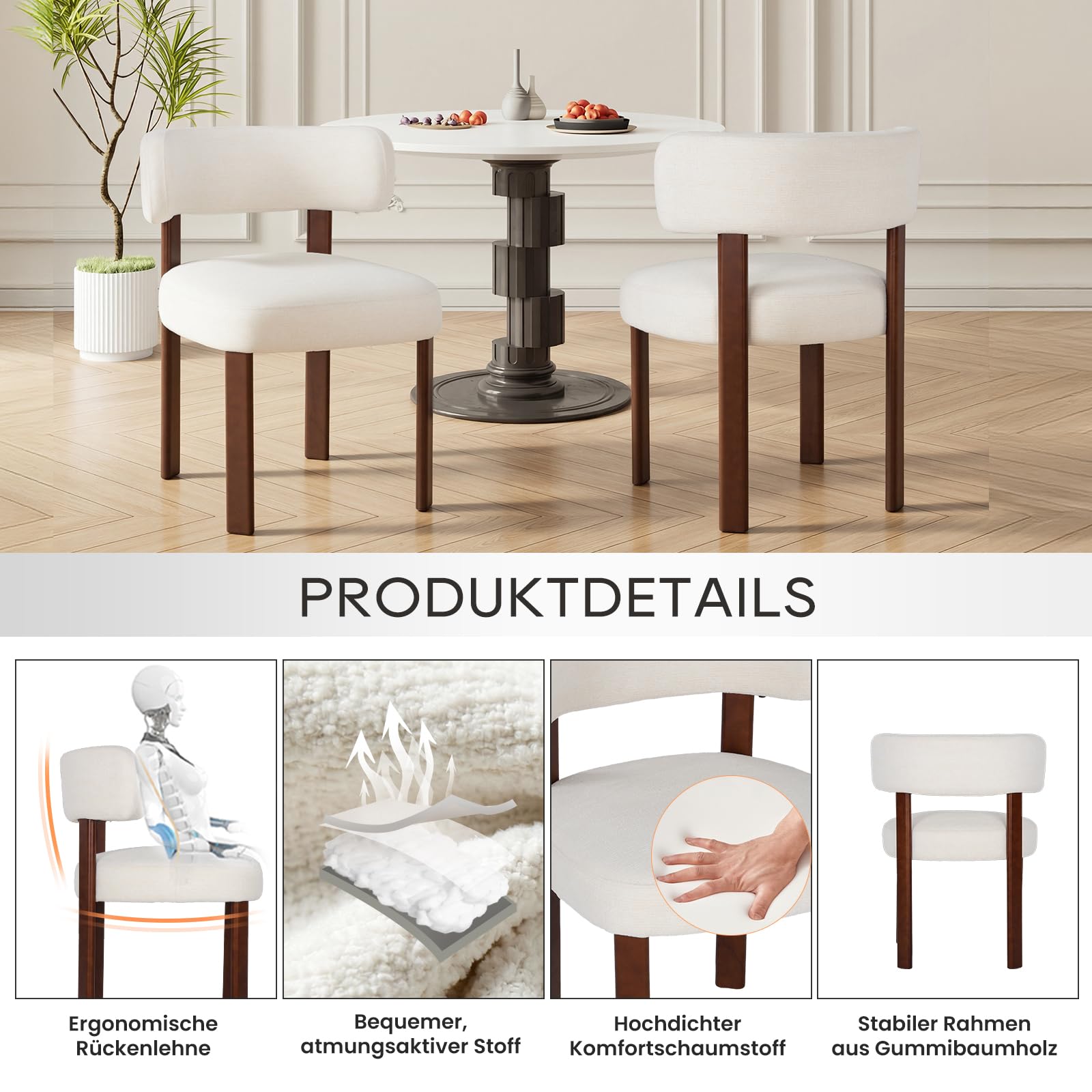 COLAMY Mid-Century Modern Design Sherpa Esszimmerstühle 4er Set, Vintage Landhaus-Stil Bouclé Küchenstühle mit offener geschwungener Rückenlehne für Esszimmer, Restaurant, Beige