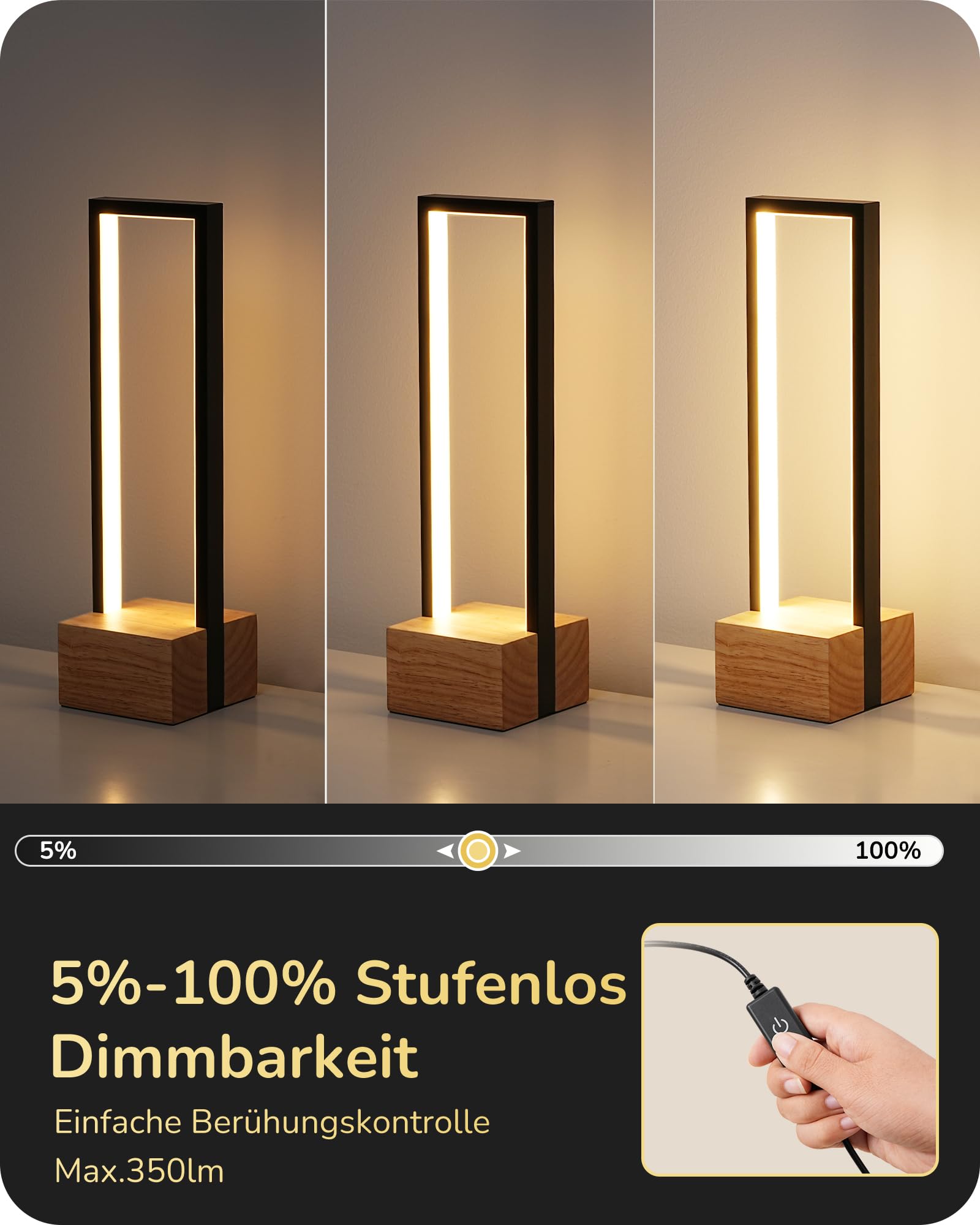 EDISHINE LED Tischlampe, Holzsockel, Touch-Dimmer, 3 Farbtemperaturen | 10 W Nachttischlampe mit Metallrahmen, Touch-Dimmer, 350 Lumen für Schlafzimmer, Wohnzimmer, 35 cm