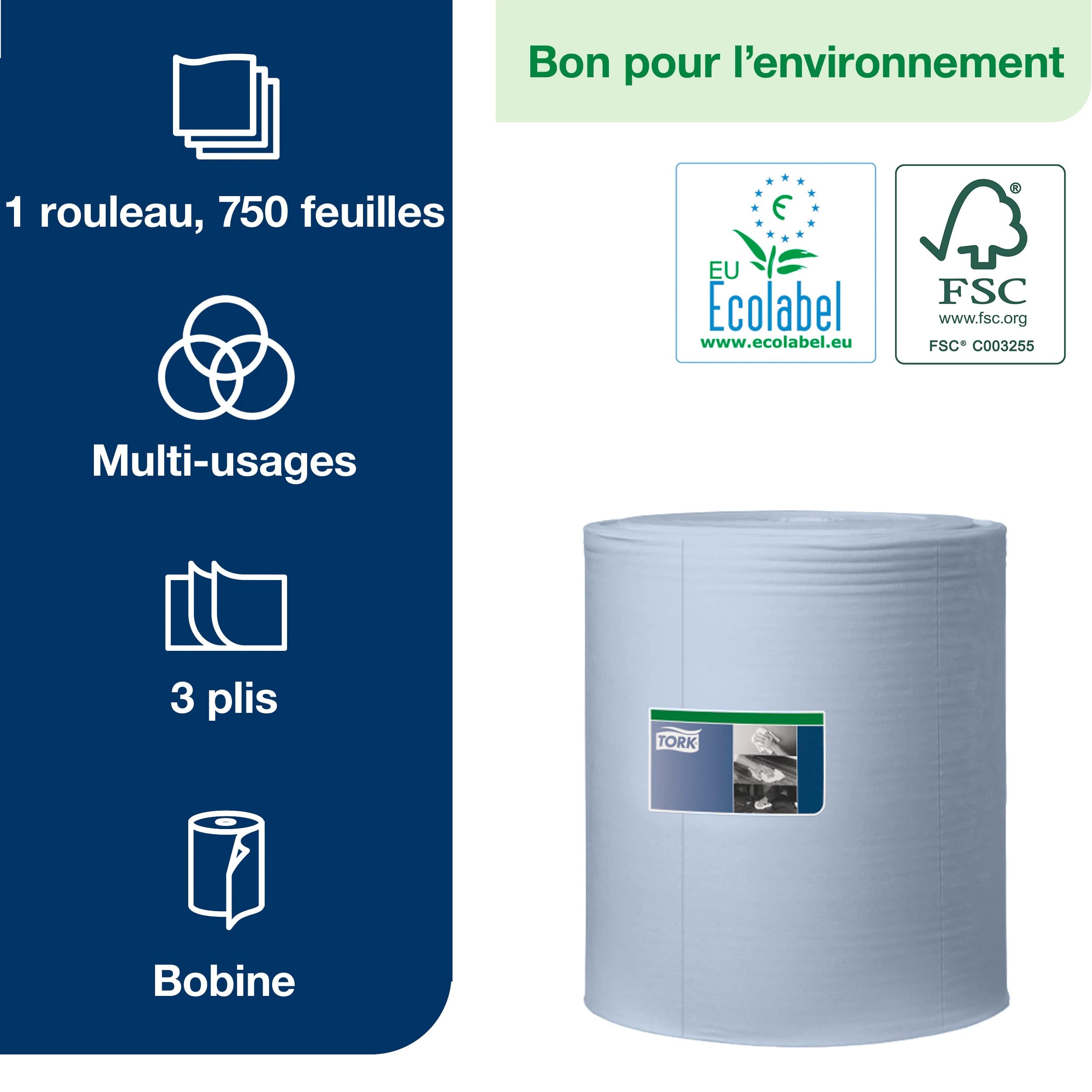 Tork Papier d'Essuyage industriel ultra-résistant bleu W1, ultra-absorbant, 1 x 750 feuilles, 130080
