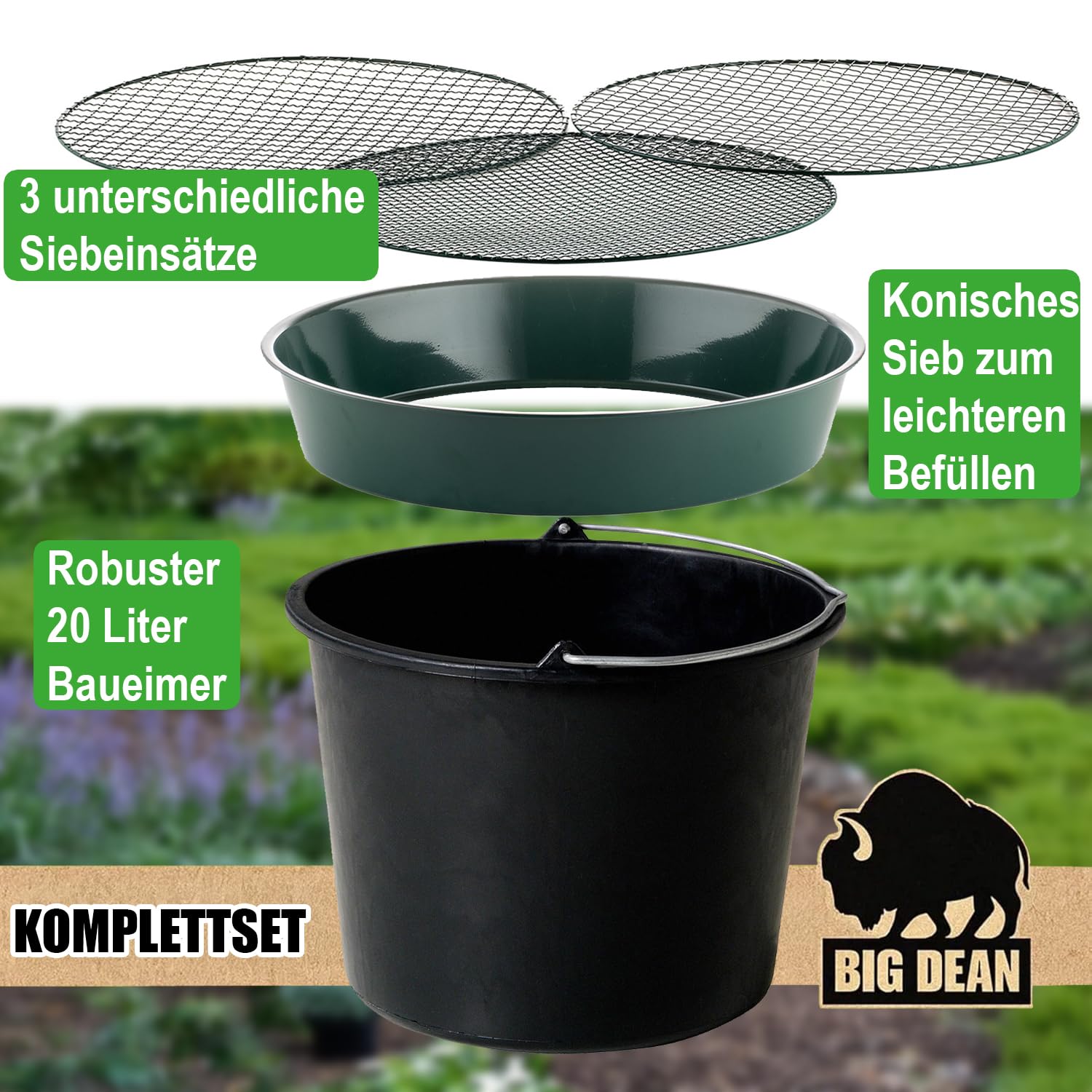 Tamis de jardin en métal avec 3 mailles 6,4 mm/9,5 mm/12,7 mm, tamis à sable rond, diamètre 37 cm, hauteur 8 cm, tamis de jardin, tamis à pierre, tamis à compost, lot de 1