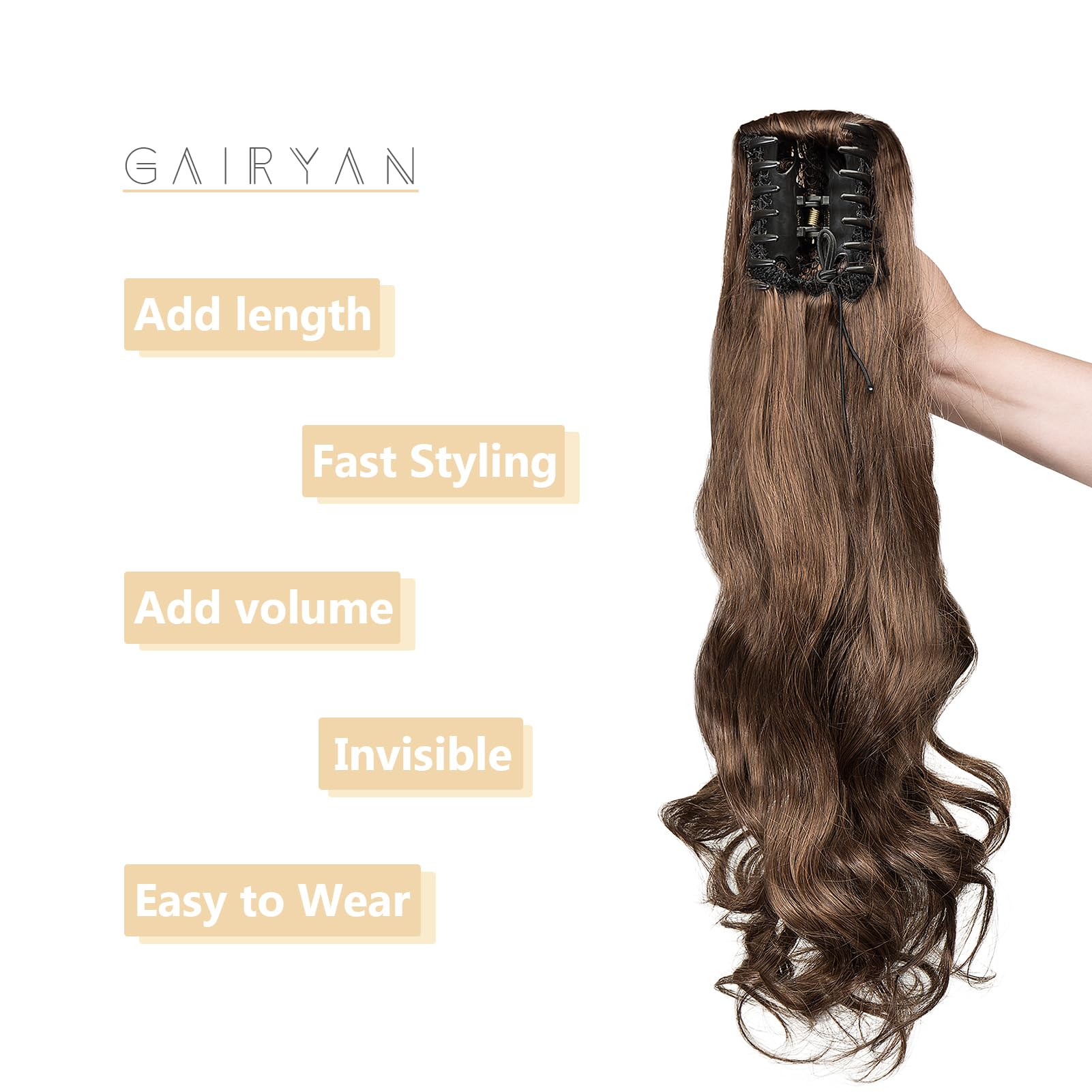 Gairyan 20inch Ponytail Extension Clip in Ponytail Hair Extensions Curly Wavy Pony Tails Claw on Ponytail Long Wave Synthetic Hairpieces for Women Soft Real Look (Dark Brown & Light Auburn) - Image 4