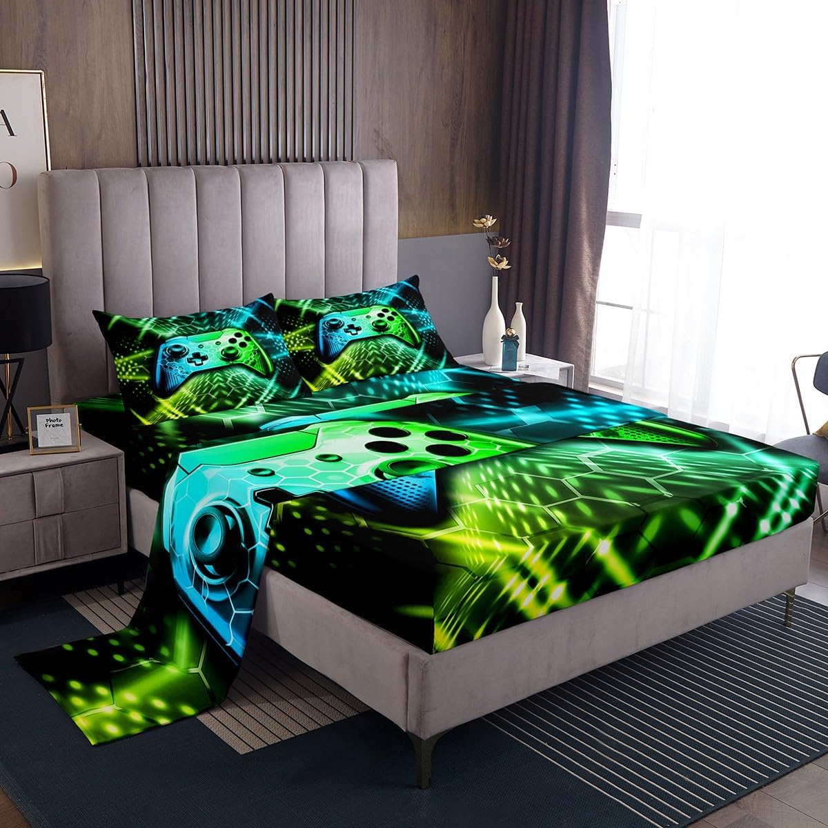 Geometric Gamepad Bed Sheet Queen Set Modern Gamer Sheets Sets Adults Bedroom Decor Blue Green Neon Microfiber Bedding Set with Flat,Fitted Sheet,2 Pillow CasesOEKO-TEX STANDARD 100