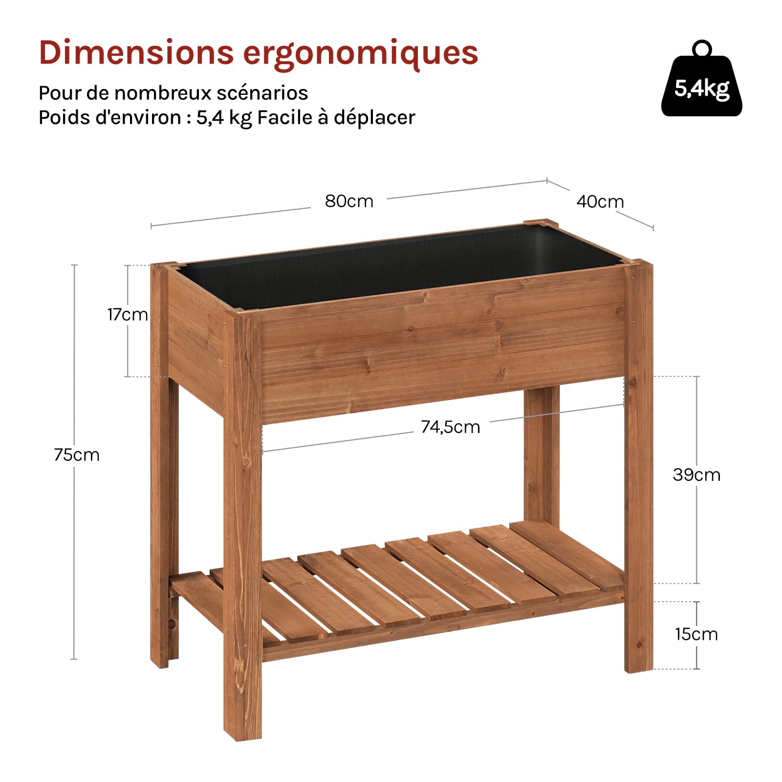 WOLTU Jadinière surélevée en Bois, 80x75x40 cm, Étagère avec Bac à Fleurs, Film Plastique, pour Légumes, Herbes Aromatiques, pour Balcon, Jardin, Terrasse, Intérieur, Extérieur, Brun