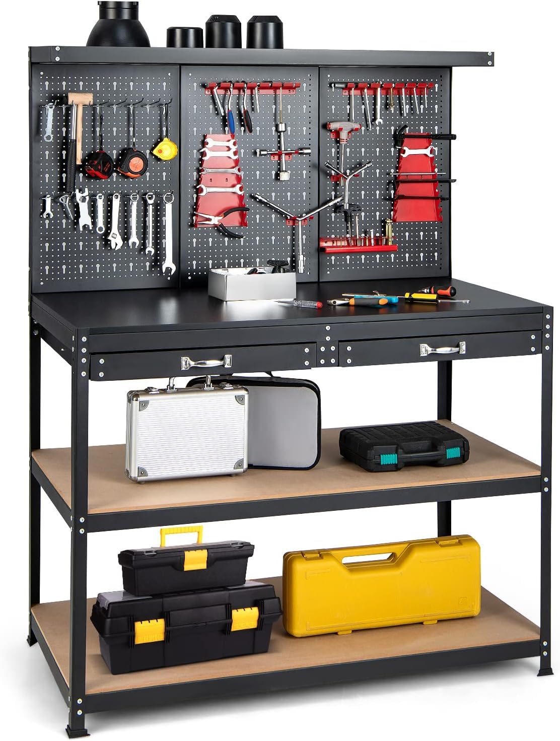 ガービー(Garvee) 作業台 ワークベンチ 業務用 ワークテーブル 工作台 3段 耐荷重410kg W1200×D600×H1550mm | フック 有孔ボード付 工具収納 DIY 棚 資材 倉庫 修理工場用 自動車整備