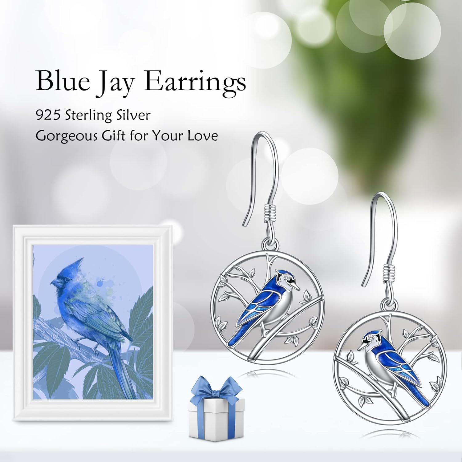 ONEFINITY 925 Sterling Silver Blue Jay Cross Dangle Drop Earrings Blue Bird Jewelry for Bird Lover Gifts